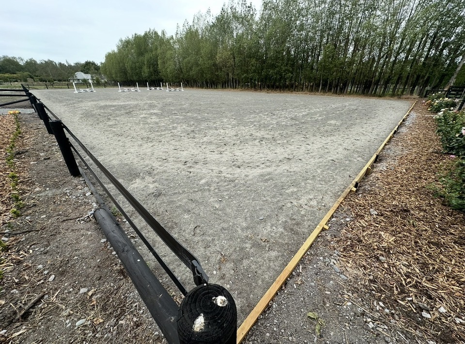 Completed 60 metre by 30 metre fenced horse arena in Ohoka